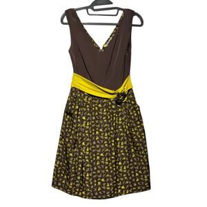 Anthropologie Baraschi Brown Yellow Dress Spring Formal 2 A-line V neck Twee Mod